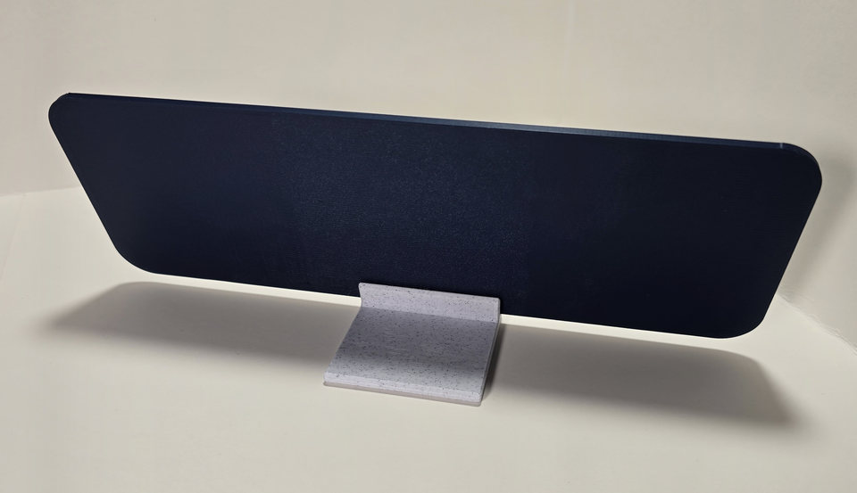 Rear view showing how a tabletop sign stand supports a sign.