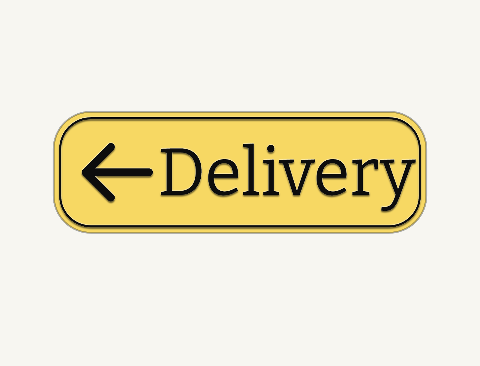Designer proof of a Delivery direction sign with matte black text, a left arrow, rounded corners, and a sunshine yellow panel.