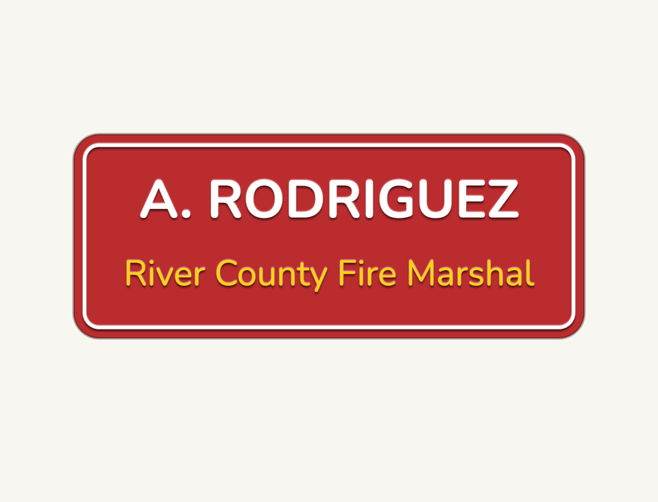 Designer proof of a red office nameplate reading A. Rodriguez and River County Fire Marshal, with white and gold text and rounded corners.