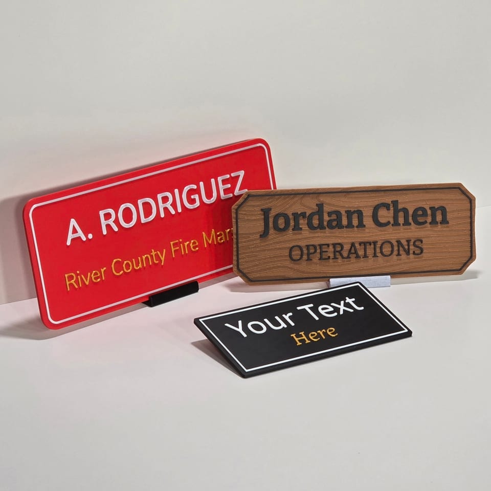 Angled arrangement of three customizable office nameplates showing different sizes, finishes, edges, and tabletop stands.