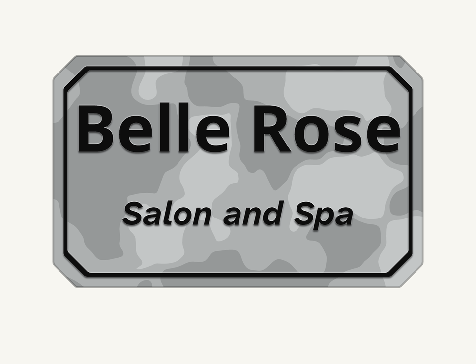 Designer proof of a marble-look business plaque reading Belle Rose and Salon and Spa, with black text and angled corners.