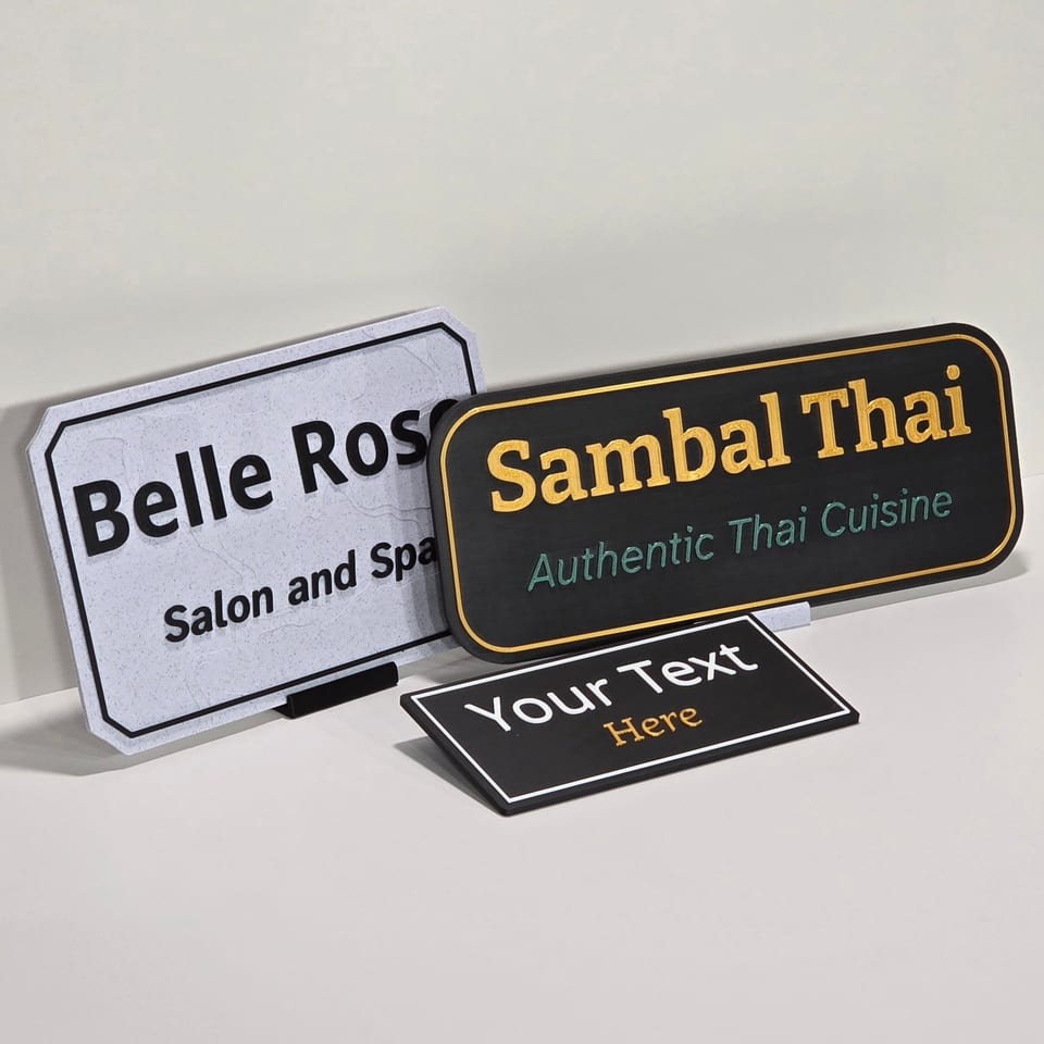 Angled arrangement of three customizable business plaques showing different sizes, finishes, edges, and tabletop stands.