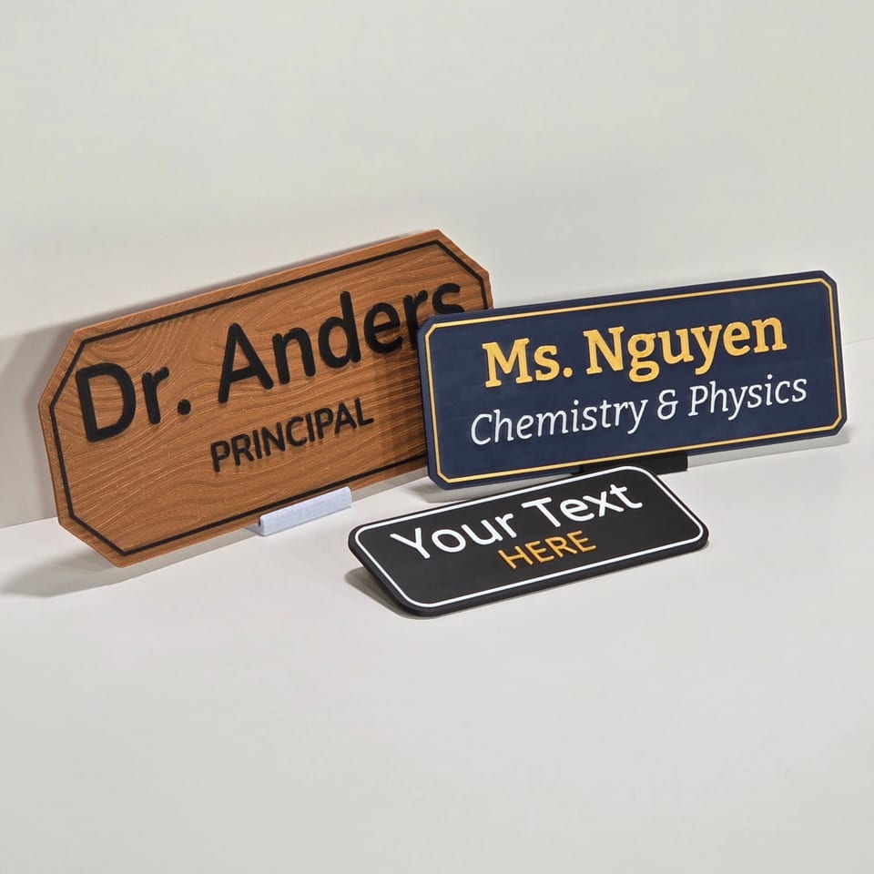 Angled arrangement of three customizable teacher and staff nameplates showing different sizes, finishes, edges, and stands.