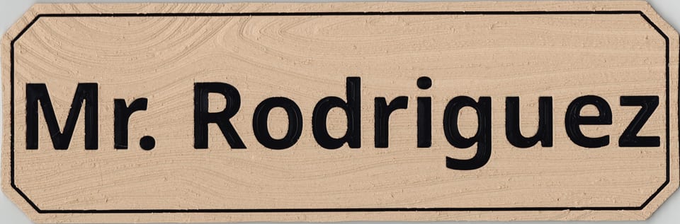 Direct scan of a tan birch wood-look Mr. Rodriguez teacher name sign with engraved matte black wording, matching border, and angled corners.